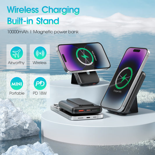 10000mAh Magnetic Power Bank, Mobile phone stand，15W Wireless Portable Charger, Fast Charging MagSafe Battery Pack for iPhone 17/16/15/14/13/12/Plus/Pro Max