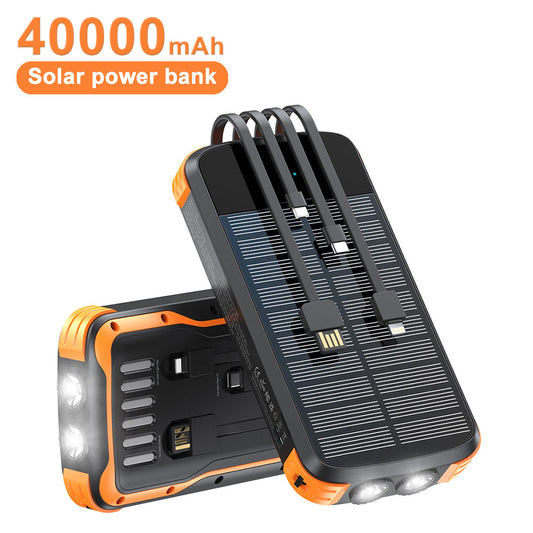 Solar Charger Power Bank, 40000mAh Portable Charger PD 20W Fast Charging Solar Power Bank Built in 4 Cables and USB-C in/Output, Camping Essentials External Battery Pack with Flashlights