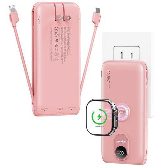 Portable Charger, 10000mAh 22.5W Fast Charging Power Bank with Built in Cable & Wall Plug, Travel Essential Battery Pack with LED Display, External Charger for iPhone 17/16, iWatch 11/10/9/8/Ultra/SE