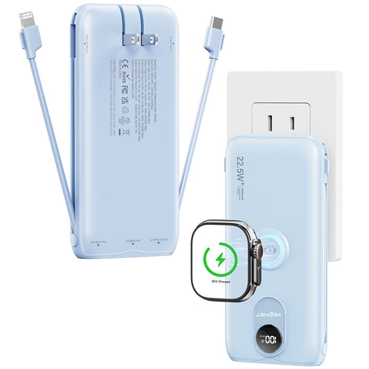 Portable Charger, 10000mAh 22.5W Fast Charging Power Bank with Built in Cable & Wall Plug, Travel Essential Battery Pack with LED Display, External Charger for iPhone 17/16, iWatch 11/10/9/8/Ultra/SE