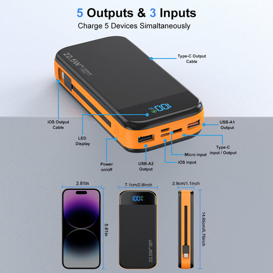 Portable Charger Power Bank 32000mAh with Built in Cables, PD3.0 USB C Fast Phone Charger, 5 Outputs LCD Display Travel Battery Pack Compatible with iPhone, Samsung All Cell Phones
