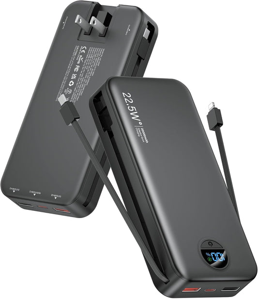 Portable Charger, 12000mAh 22.5W USB C Fast Charging Power Bank with Built-in Cables and AC Wall Plug, Smart LED Display Travel Essentials Battery Pack Compatible with iPhone, iPad, Samsung etc Purple