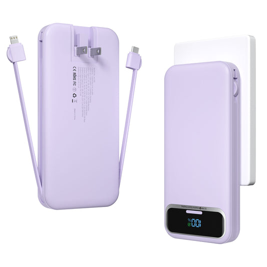 12000mAh Lightweight-Portable-Charger-Power-Bank with Built-in Cables and AC Wall Plug, PD20W USB-C Fast Charging Battery Pack, LED Display External Travel Phone Charger for All iPhone,Samsung,Android