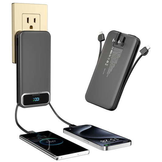 12000mAh Lightweight-Portable-Charger-Power-Bank with Built-in Cables and AC Wall Plug, PD20W USB-C Fast Charging Battery Pack, LED Display External Travel Phone Charger for All iPhone,Samsung,Android