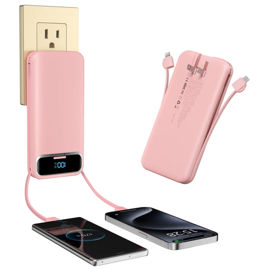 12000mAh Lightweight-Portable-Charger-Power-Bank with Built-in Cables and AC Wall Plug, PD20W USB-C Fast Charging Battery Pack, LED Display External Travel Phone Charger for All iPhone,Samsung,Android