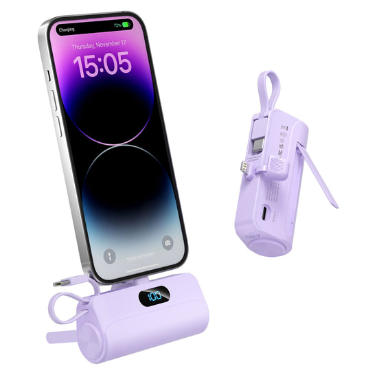 5000mAh mini, compact and portable charger, built-in iOS plug /Type-C cable, 12W fast charging, compact and cute stand essential for travel, suitable for iPhone16/15/14/13/12 series and Android