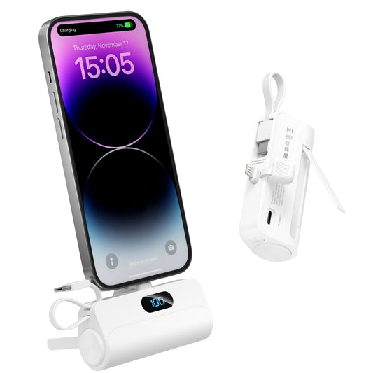 5000mAh mini, compact and portable charger, built-in iOS plug /Type-C cable, 12W fast charging, compact and cute stand essential for travel, suitable for iPhone16/15/14/13/12 series and Android